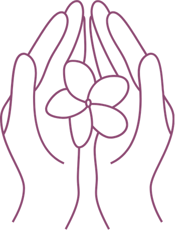 Line illustration of hands holding a flower in prayer