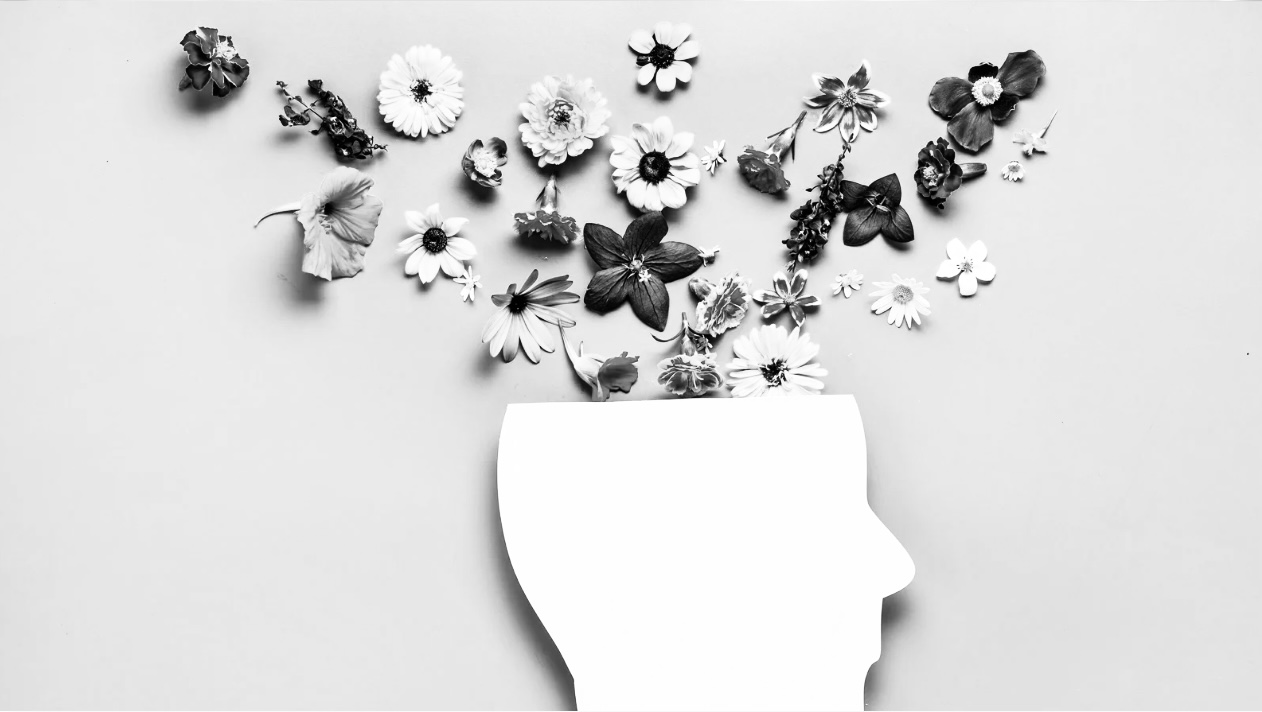 Holistic Mental Wellness Profile silhouette surrounded by flowers and natural elements